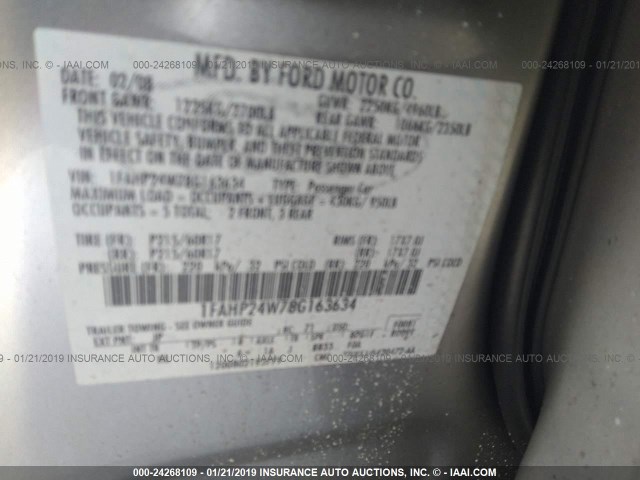 1FAHP24W78G163634 - 2008 FORD TAURUS SEL GRAY photo 9