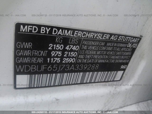 WDBUF65J73A339288 - 2003 MERCEDES-BENZ E 320 WHITE photo 9