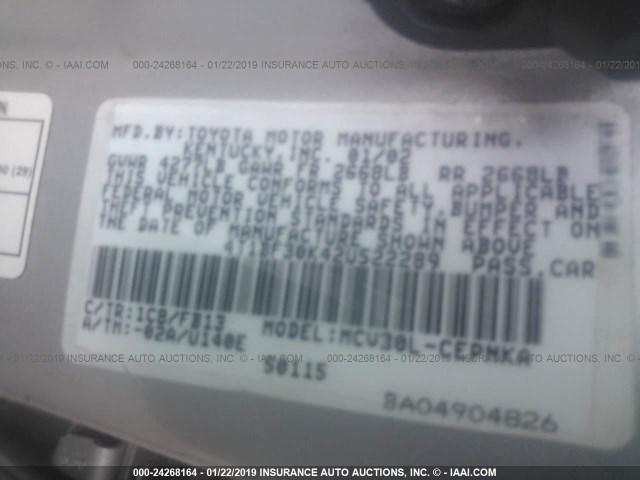 4T1BF30K42U522289 - 2002 TOYOTA CAMRY LE/XLE/SE SILVER photo 9