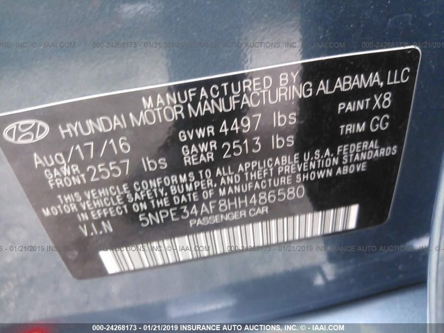 5NPE34AF8HH486580 - 2017 HYUNDAI SONATA SPORT/LIMITED BLUE photo 9