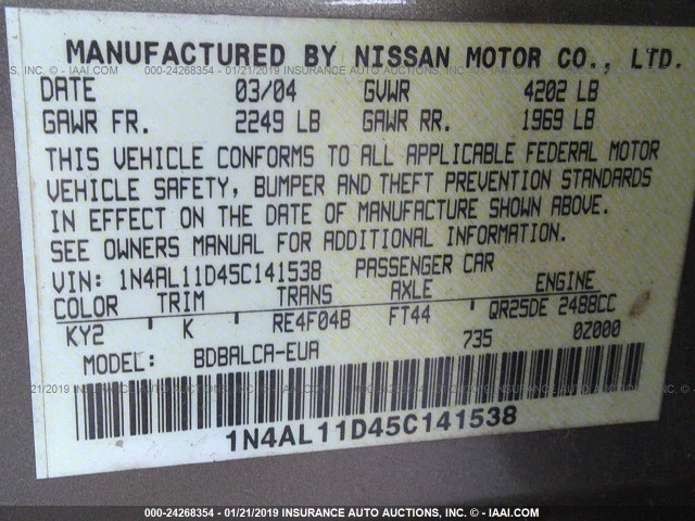 1N4AL11D45C141538 - 2005 NISSAN ALTIMA S/SL TAN photo 9