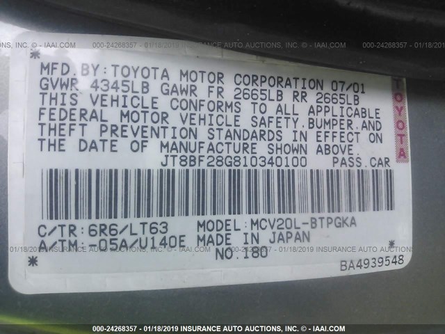 JT8BF28G810340100 - 2001 LEXUS ES 300 GRAY photo 9