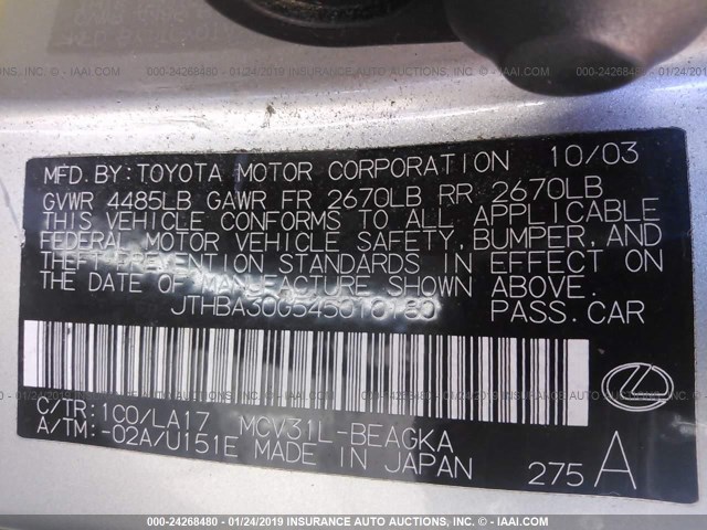 JTHBA30G545010180 - 2004 LEXUS ES 330 SILVER photo 9