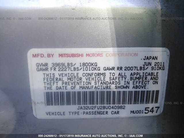 JA32U2FU2BU040982 - 2011 MITSUBISHI LANCER ES/ES SPORT SILVER photo 9