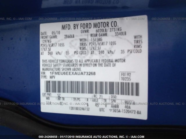 1FMEU6EEXAUA73268 - 2010 FORD EXPLORER EDDIE BAUER BLUE photo 9