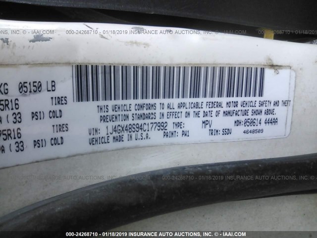 1J4GX48S94C177992 - 2004 JEEP GRAND CHEROKEE LAREDO/COLUMBIA/FREEDOM 白色 照片 9