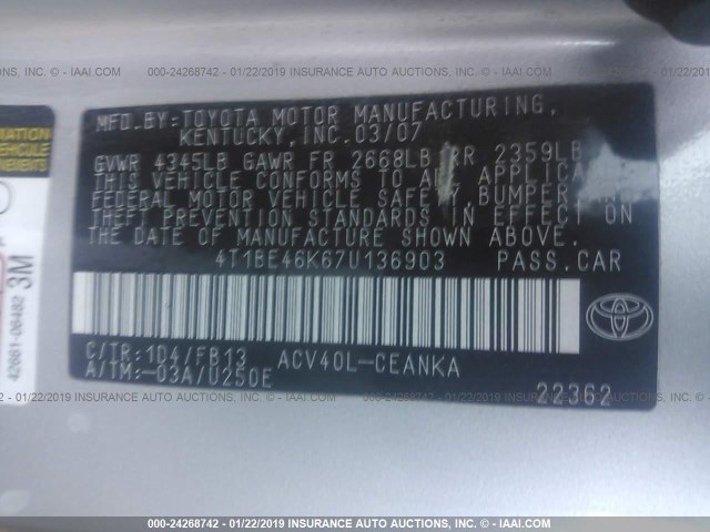 4T1BE46K67U136903 - 2007 TOYOTA CAMRY NEW GENERAT CE/LE/XLE/SE GRAY photo 9