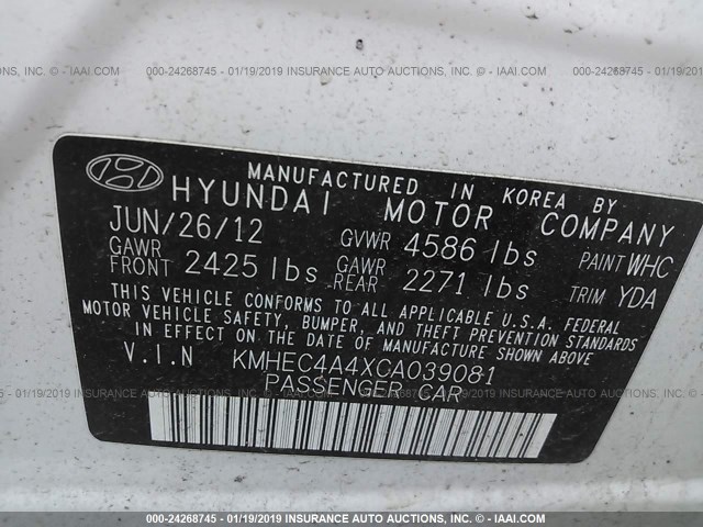 KMHEC4A4XCA039081 - 2012 HYUNDAI SONATA HYBRID WHITE photo 9