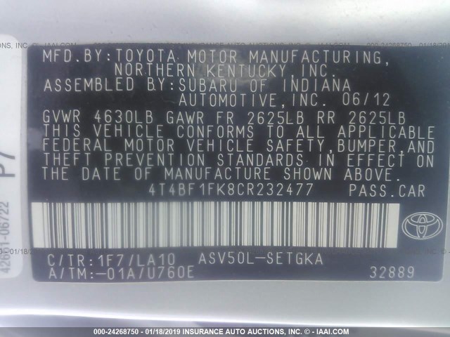 4T4BF1FK8CR232477 - 2012 TOYOTA CAMRY SE/LE/XLE 银色 照片 9