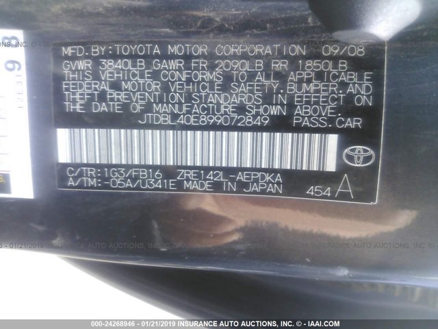 JTDBL40E899072849 - 2009 TOYOTA COROLLA LE/XLE GRAY photo 9