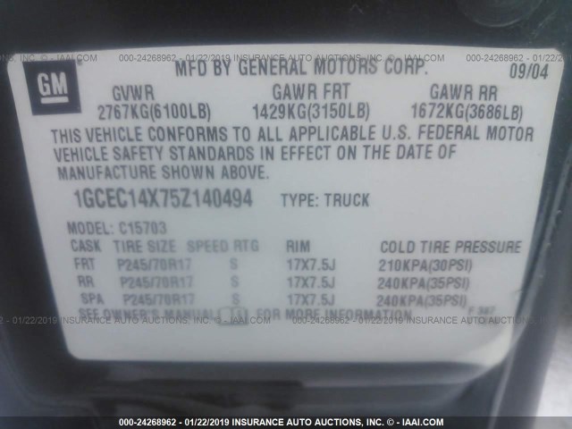 1GCEC14X75Z140494 - 2005 CHEVROLET SILVERADO C1500 BLACK photo 9