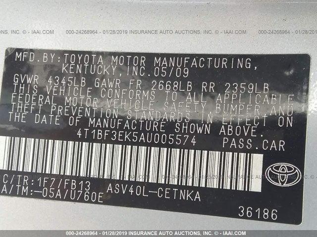 4T1BF3EK5AU005574 - 2010 TOYOTA CAMRY SE/LE/XLE 银色 照片 9