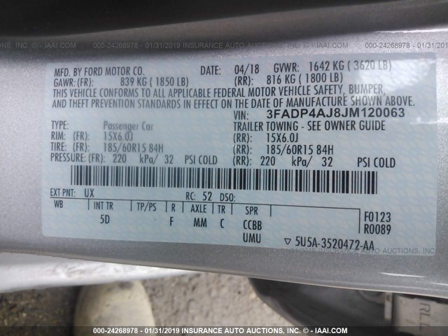 3FADP4AJ8JM120063 - 2018 FORD FIESTA S SILVER photo 9