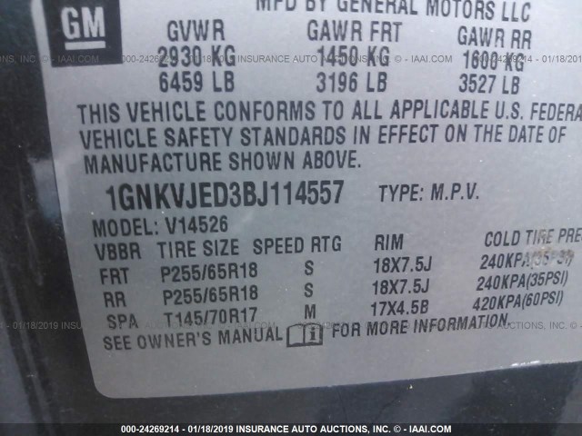 1GNKVJED3BJ114557 - 2011 CHEVROLET TRAVERSE LT GRAY photo 9