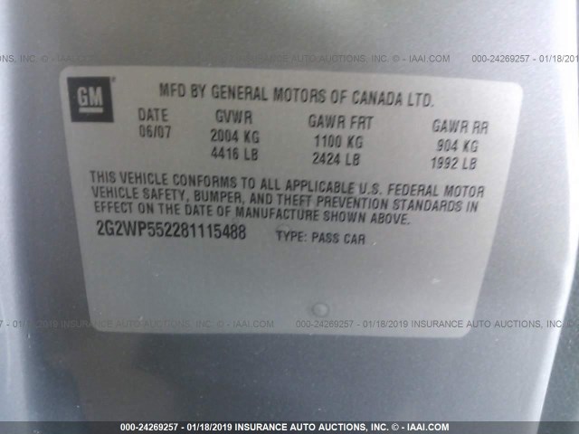 2G2WP552281115488 - 2008 PONTIAC GRAND PRIX GRAY photo 9