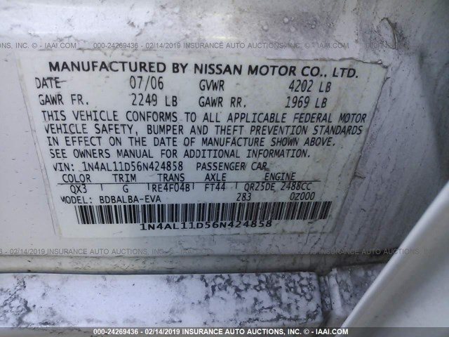 1N4AL11D56N424858 - 2006 NISSAN ALTIMA WHITE photo 9