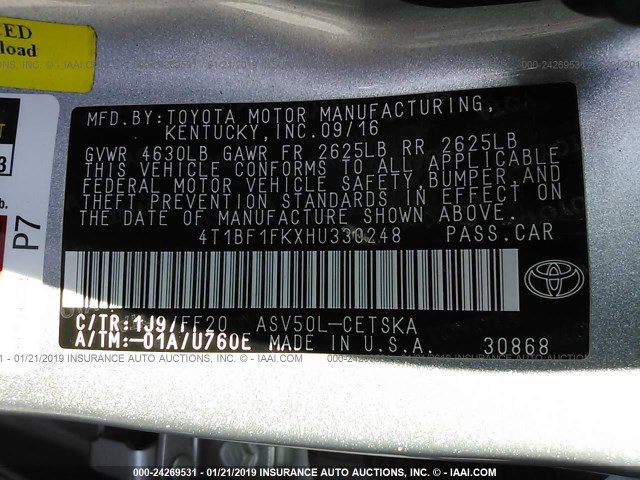 4T1BF1FKXHU330248 - 2017 TOYOTA CAMRY LE/XLE/SE/XSE SILVER photo 9