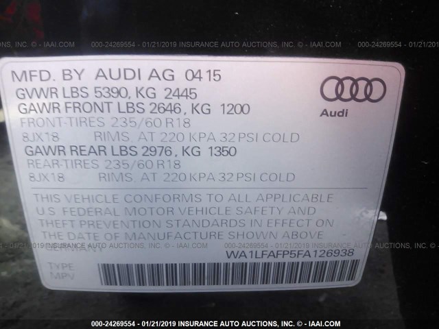 WA1LFAFP5FA126938 - 2015 AUDI Q5 PREMIUM PLUS BLACK photo 9