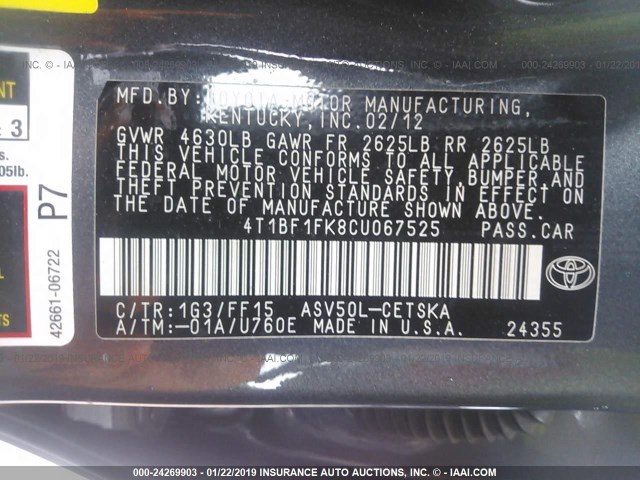 4T1BF1FK8CU067525 - 2012 TOYOTA CAMRY SE/LE/XLE 灰色 照片 9