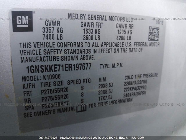 1GNSKKE71ER197677 - 2014 CHEVROLET SUBURBAN K1500 LTZ SILVER photo 9