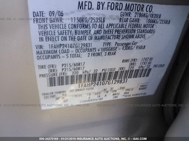 1FAHP24107G129831 - 2007 FORD FIVE HUNDRED SEL BEIGE photo 9