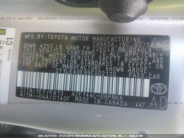 2T1LE40E99C002110 - 2009 TOYOTA COROLLA MATRIX S SILVER photo 9