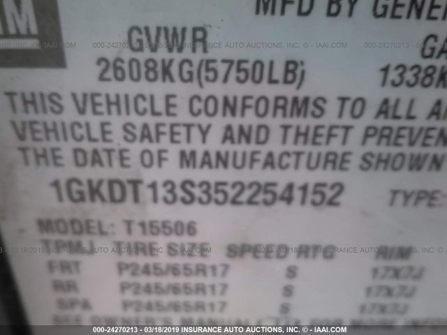 1GKDT13S352254152 - 2005 GMC ENVOY BLACK photo 9