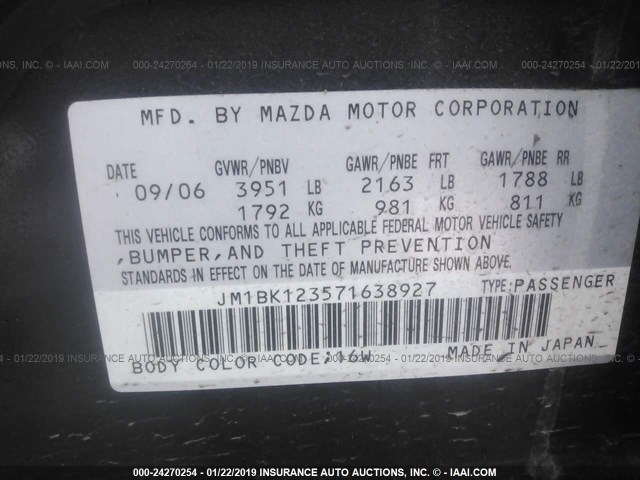 JM1BK123571638927 - 2007 MAZDA 3 S BLACK photo 9