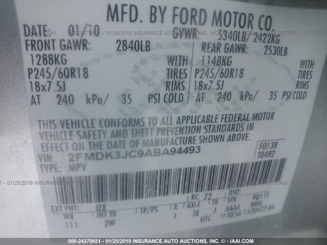 2FMDK3JC9ABA94493 - 2010 FORD EDGE SEL SILVER photo 9