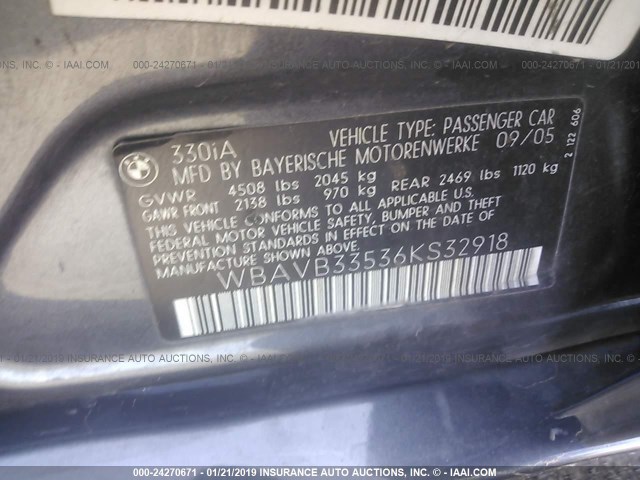 WBAVB33536KS32918 - 2006 BMW 330 I GRAY photo 9