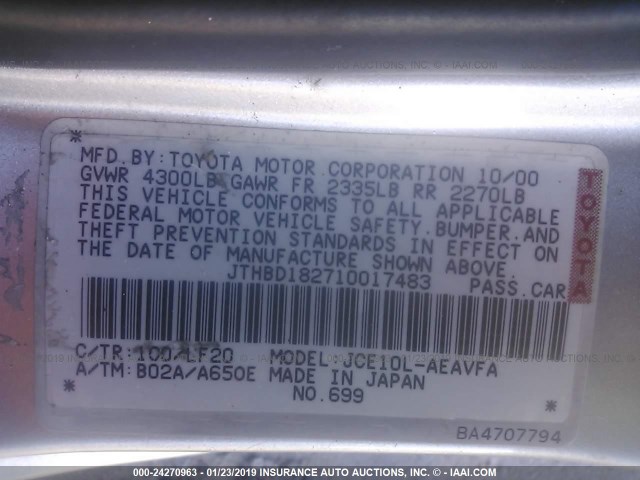 JTHBD182710017483 - 2001 LEXUS IS 300 SILVER photo 9