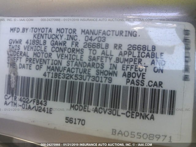 4T1BE32K53U730179 - 2003 TOYOTA CAMRY LE/XLE/SE GOLD photo 9