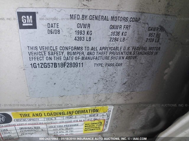 1G1ZG57B18F280911 - 2008 CHEVROLET MALIBU LS GOLD photo 9