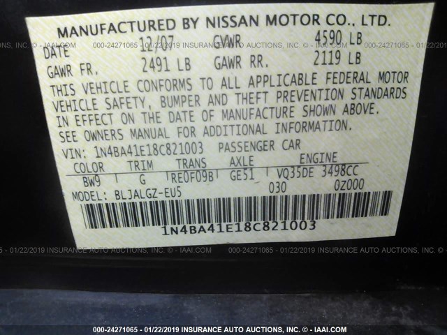 1N4BA41E18C821003 - 2008 NISSAN MAXIMA SE/SL BLUE photo 9