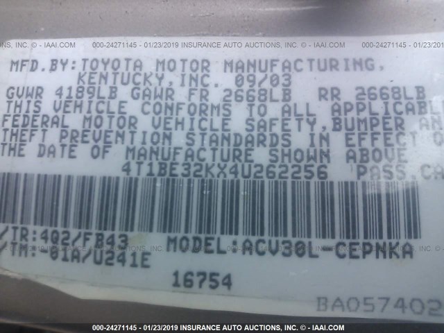 4T1BE32KX4U262256 - 2004 TOYOTA CAMRY LE/XLE/SE GOLD photo 9