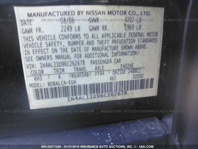 1N4AL11D96C262678 - 2006 NISSAN ALTIMA S/SL BLACK photo 9