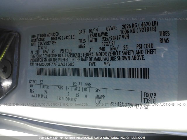 1FMCU0F77FUA31605 - 2015 FORD ESCAPE S WHITE photo 9