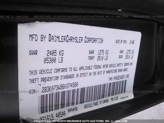 2B3KA73W96H374580 - 2006 DODGE CHARGER SRT-8 BLACK photo 9