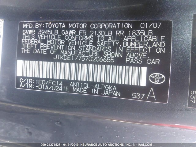 JTKDE177570206655 - 2007 TOYOTA SCION TC ნაცრისფერი ფოტო 9
