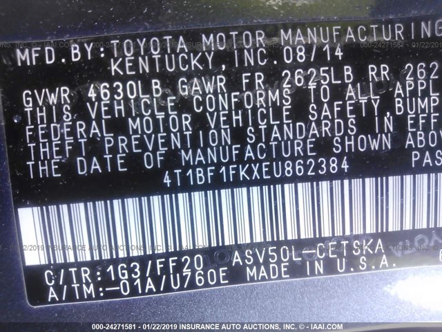 4T1BF1FKXEU862384 - 2014 TOYOTA CAMRY L/SE/LE/XLE 灰色 照片 9