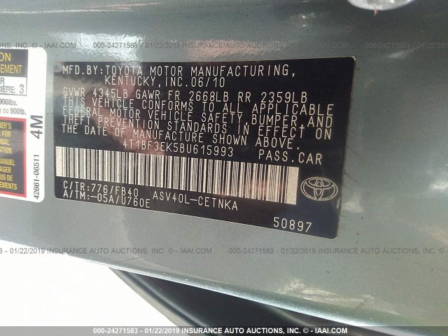 4T1BF3EK5BU615993 - 2011 TOYOTA CAMRY SE/LE/XLE 浅蓝色 照片 9