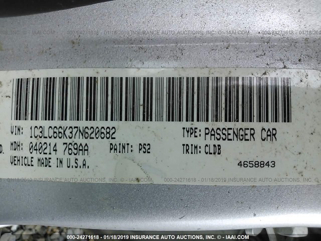 1C3LC66K37N620682 - 2007 CHRYSLER SEBRING LIMITED SILVER photo 9