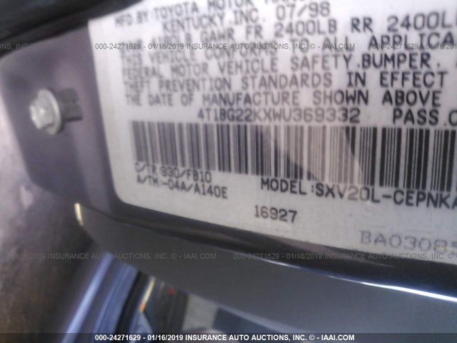 4T1BG22KXWU369332 - 1998 TOYOTA CAMRY GRAY photo 9