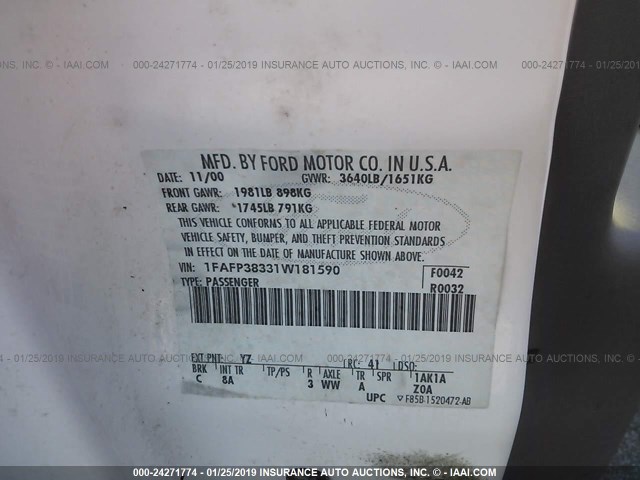 1FAFP38331W181590 - 2001 FORD FOCUS ZTS WHITE photo 9