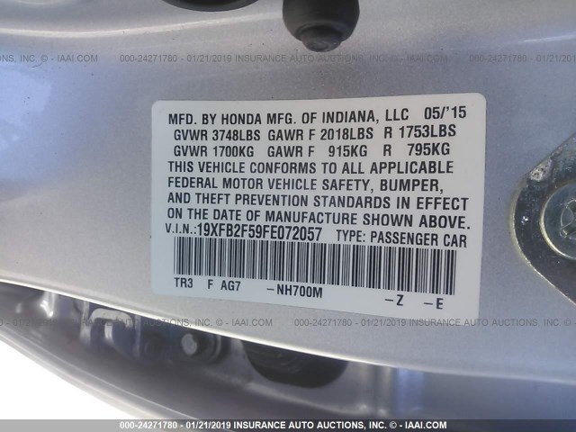 19XFB2F59FE072057 - 2015 HONDA CIVIC LX SILVER photo 9