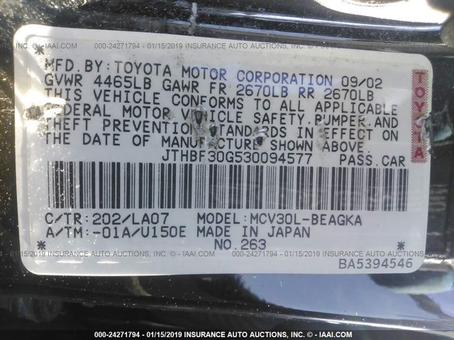 JTHBF30G530094577 - 2003 LEXUS ES 300 BLACK photo 9