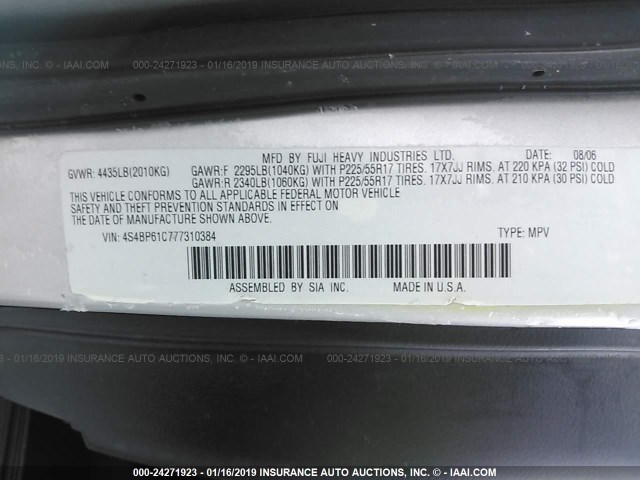 4S4BP61C777310384 - 2007 SUBARU LEGACY OUTBACK 2.5I SILVER photo 9