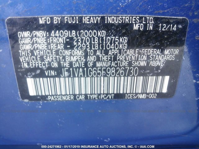 JF1VA1G65F9826730 - 2015 SUBARU WRX LIMITED BLUE photo 9