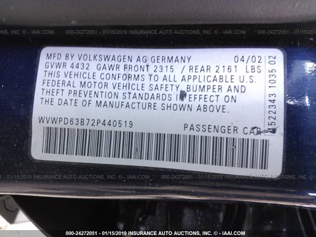 WVWPD63B72P440519 - 2002 VOLKSWAGEN PASSAT GLS BLUE photo 9