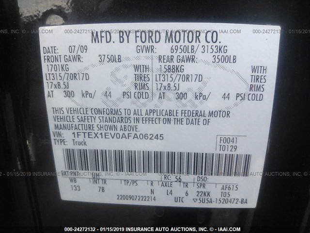 1FTEX1EV0AFA06245 - 2010 FORD F150 SUPER CAB BLACK photo 9